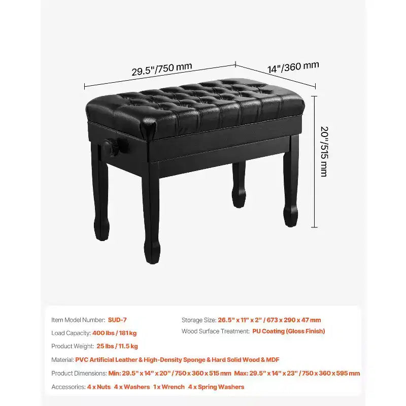 Banc de piano 29,5 x 14 x 20,3 Pouces, Chaise de piano double avec hauteur réglable de 20,3 à 23,4 Pouces, coussin rembourré et compartiment de rangement, Noir