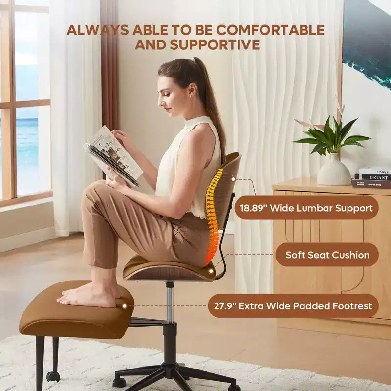 Chaise ergonomique en PU avec support lombaire en bois courbé et roulettes pour le yoga et la méditation