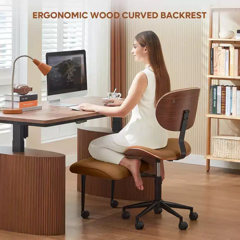 Chaise ergonomique en PU avec support lombaire en bois courbé et roulettes pour le yoga et la méditation