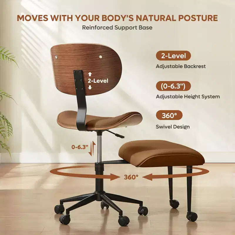 Chaise ergonomique en PU avec support lombaire en bois courbé et roulettes pour le yoga et la méditation