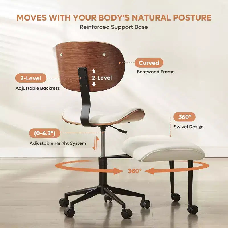 Chaise ergonomique en PU avec support lombaire en bois courbé et roulettes pour le yoga et la méditation