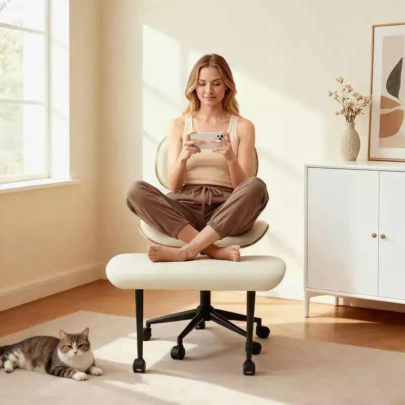 Chaise ergonomique en PU avec support lombaire en bois courbé et roulettes pour le yoga et la méditation