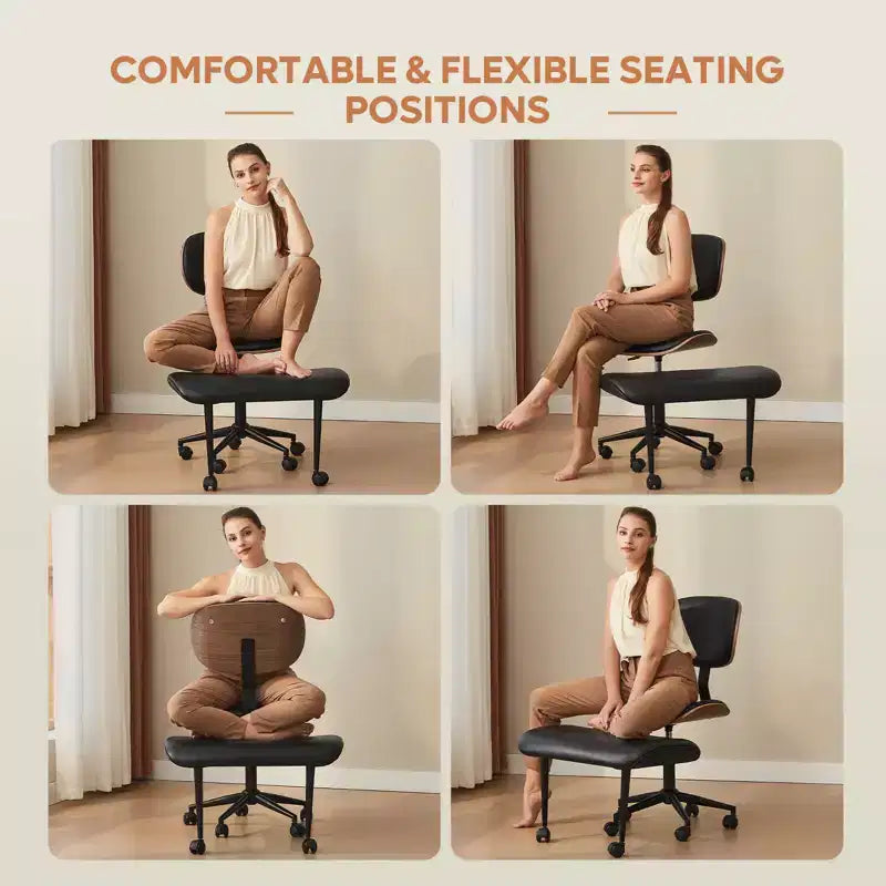 Chaise ergonomique en PU avec support lombaire en bois courbé et roulettes pour le yoga et la méditation