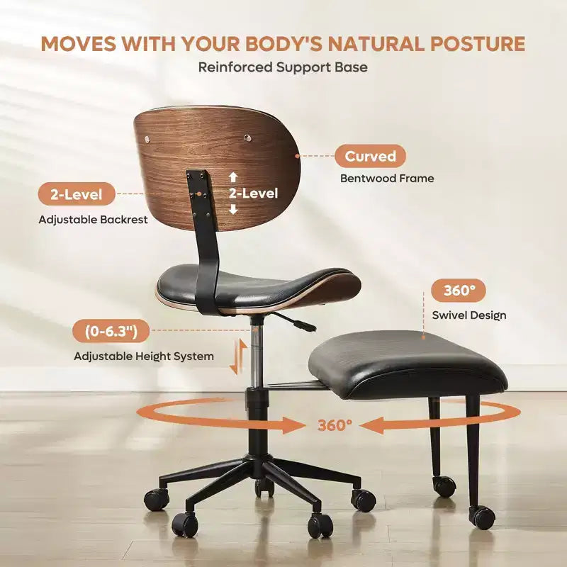 Chaise ergonomique en PU avec support lombaire en bois courbé et roulettes pour le yoga et la méditation
