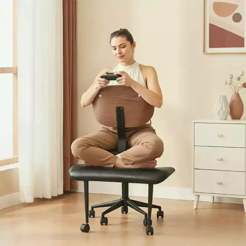 Chaise ergonomique en PU avec support lombaire en bois courbé et roulettes pour le yoga et la méditation