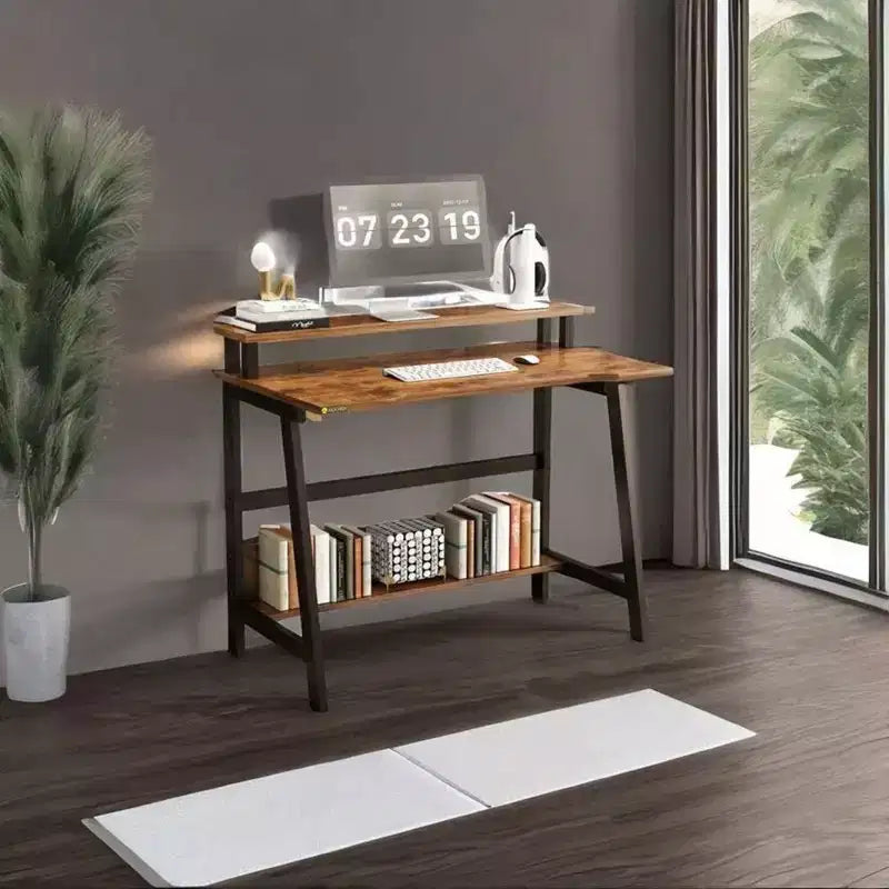 Bureau d'ordinateur 31,5 avec tiroir, support d'écran, classeur, étagères et crochets, table de travail pour bureau à domicile, marron