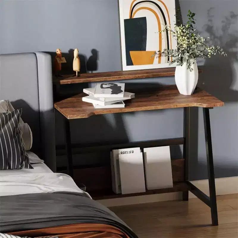 Bureau d'ordinateur 31,5 avec tiroir, support d'écran, classeur, étagères et crochets, table de travail pour bureau à domicile, marron
