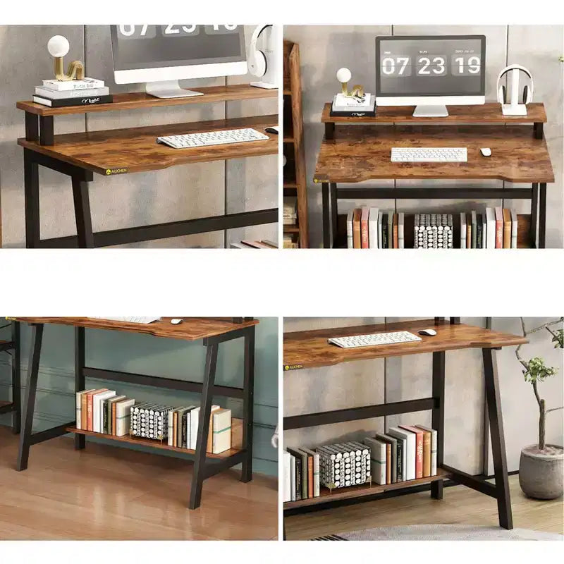 Bureau d'ordinateur 31,5 avec tiroir, support d'écran, classeur, étagères et crochets, table de travail pour bureau à domicile, marron