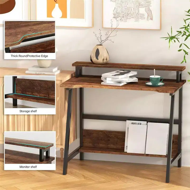 Bureau d'ordinateur 31,5 avec tiroir, support d'écran, classeur, étagères et crochets, table de travail pour bureau à domicile, marron
