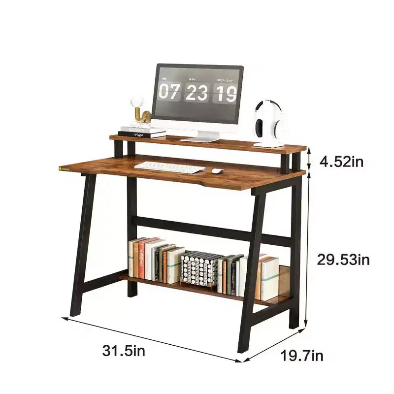 Bureau d'ordinateur 31,5 avec tiroir, support d'écran, classeur, étagères et crochets, table de travail pour bureau à domicile, marron