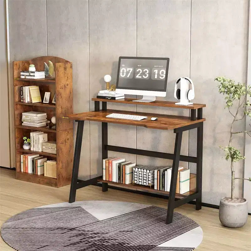 Bureau d'ordinateur 31,5 avec tiroir, support d'écran, classeur, étagères et crochets, table de travail pour bureau à domicile, marron