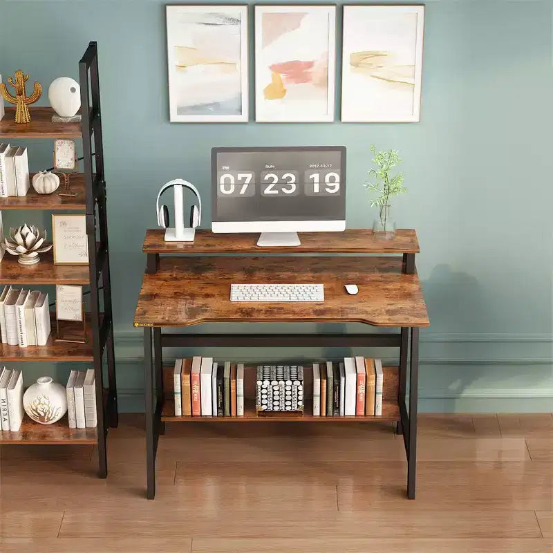 Bureau d'ordinateur 31,5 avec tiroir, support d'écran, classeur, étagères et crochets, table de travail pour bureau à domicile, marron