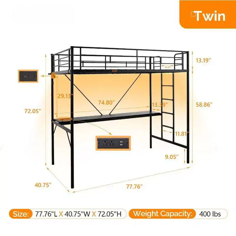 Lit mezzanine double avec bureau Cadre de lit superposé en métal avec lumière LED et 2 stations de charge avec échelle pour adultes Noir
