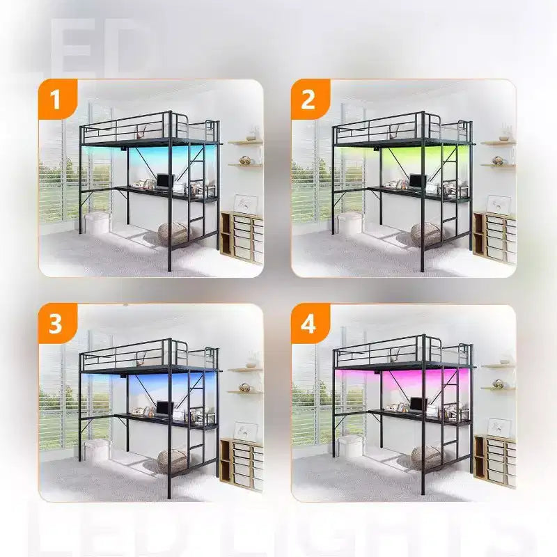 Lit mezzanine double avec bureau Cadre de lit superposé en métal avec lumière LED et 2 stations de charge avec échelle pour adultes Noir