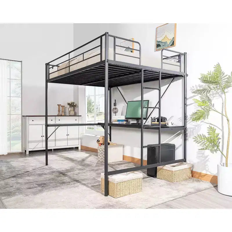 Lit mezzanine double avec bureau Cadre de lit superposé en métal avec lumière LED et 2 stations de charge avec échelle pour adultes Noir