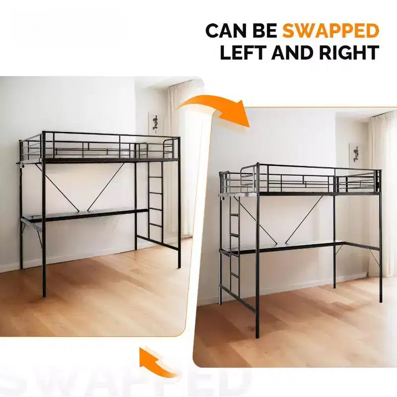 Lit mezzanine double avec bureau Cadre de lit superposé en métal avec lumière LED et 2 stations de charge avec échelle pour adultes Noir