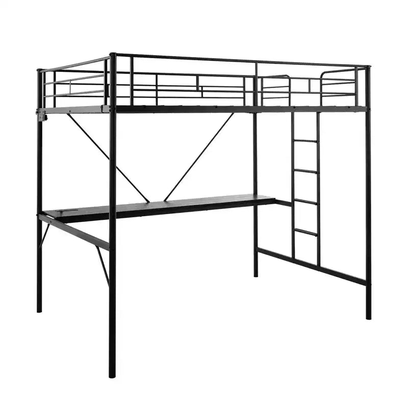 Lit mezzanine double avec bureau Cadre de lit superposé en métal avec lumière LED et 2 stations de charge avec échelle pour adultes Noir