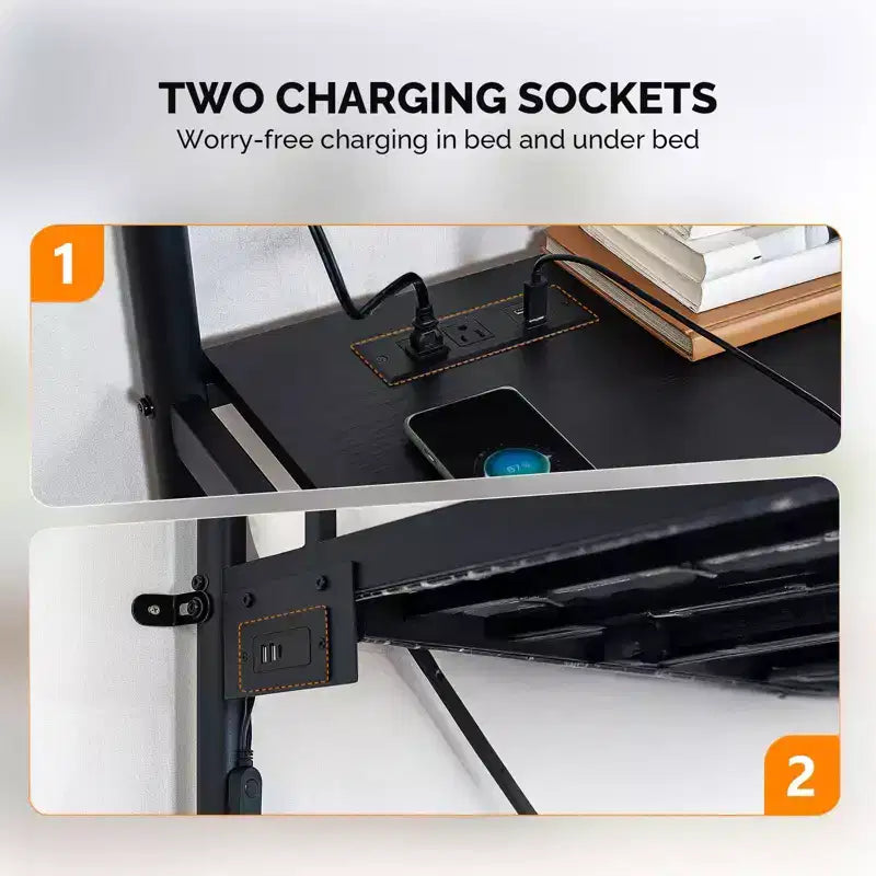 Lit mezzanine double avec bureau Cadre de lit superposé en métal avec lumière LED et 2 stations de charge avec échelle pour adultes Noir