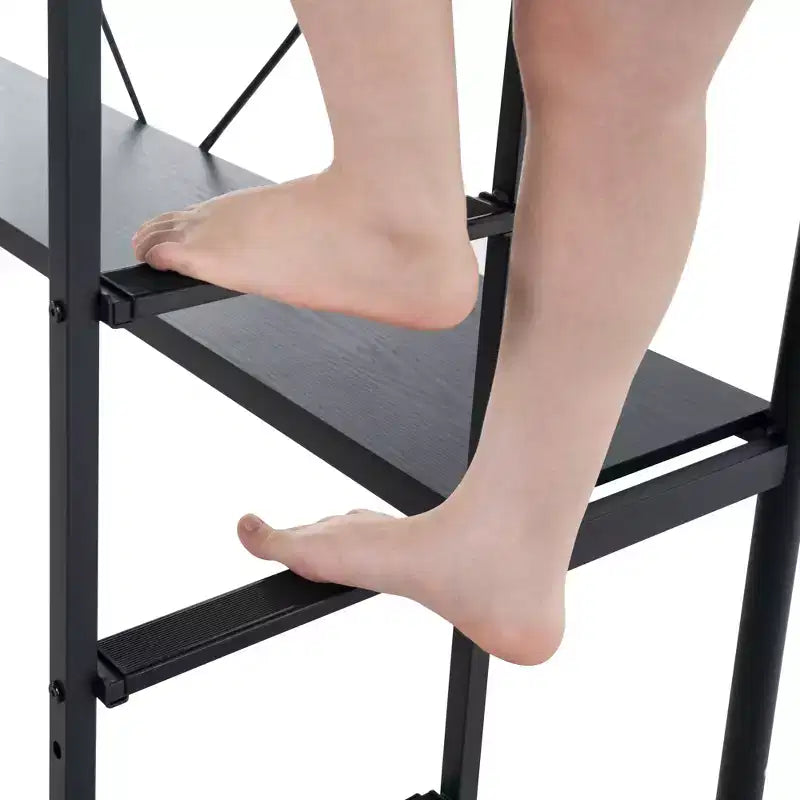 Lit mezzanine double avec bureau Cadre de lit superposé en métal avec lumière LED et 2 stations de charge avec échelle pour adultes Noir