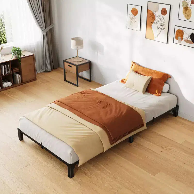 Cadre de lit double en métal pour chambre à coucher, cadre de lit robuste et résistant avec espace de rangement, facile à assembler, aucun sommier tapissier requis, noir, 35,5 cm, lit double