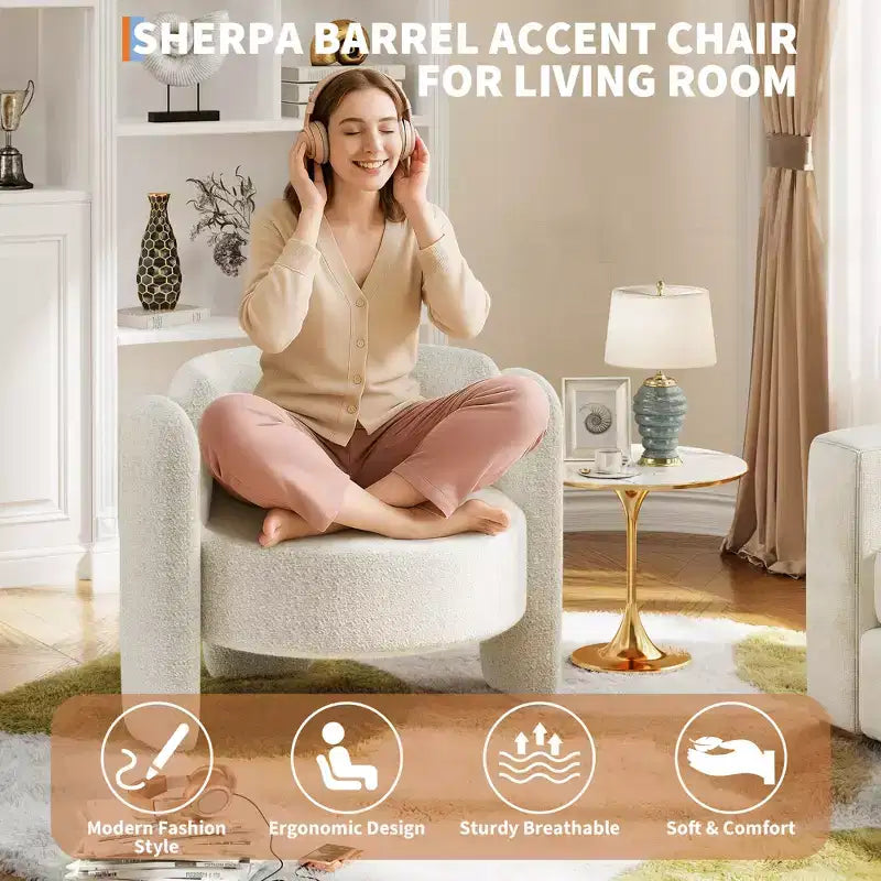 Fauteuil moderne en tissu chenille, fauteuil rond confortable avec dossier ouvert et assise latérale à coins arrondis, adapté pour chambre/bureau/café