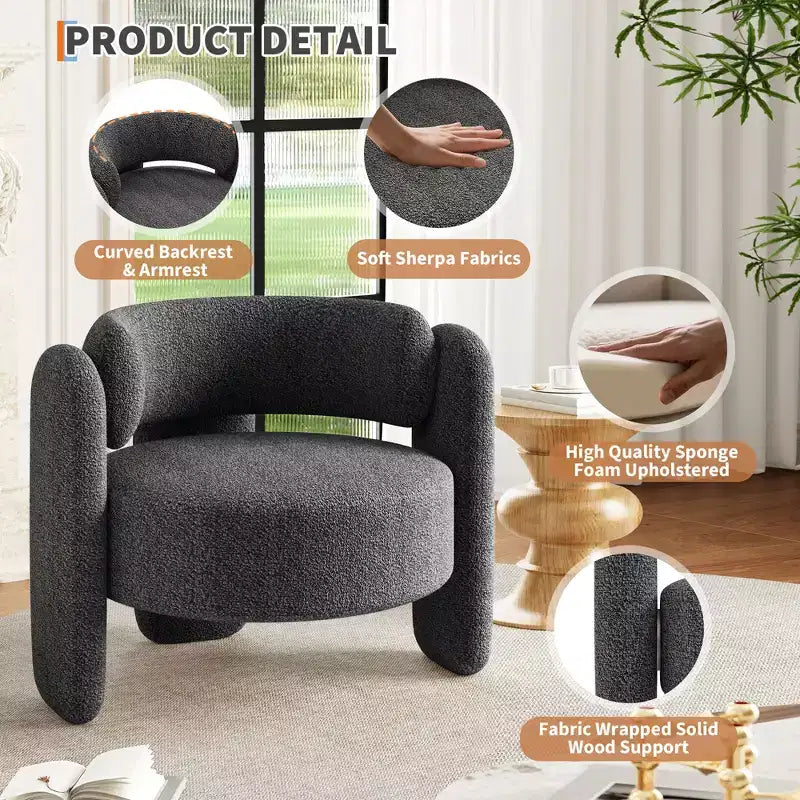 Fauteuil moderne en tissu chenille, fauteuil rond confortable avec dossier ouvert et assise latérale à coins arrondis, adapté pour chambre/bureau/café