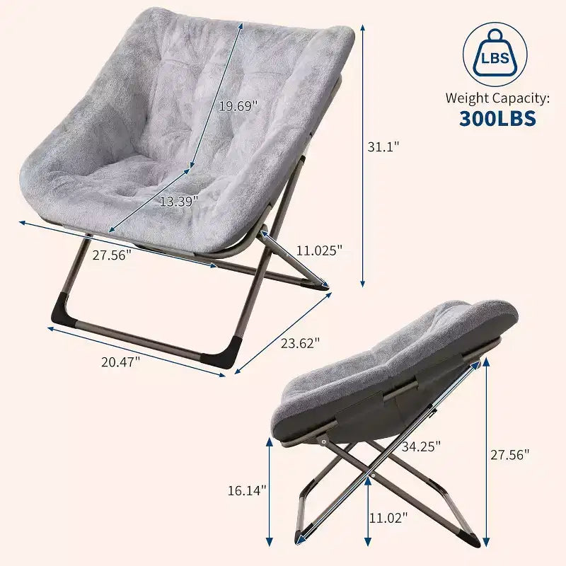 COZONY Fauteuil Rond Pliant en Fourrure de Lapin avec Cadre Métallique, Capacité de 136 kg pour Chambre, Dortoir, Salon