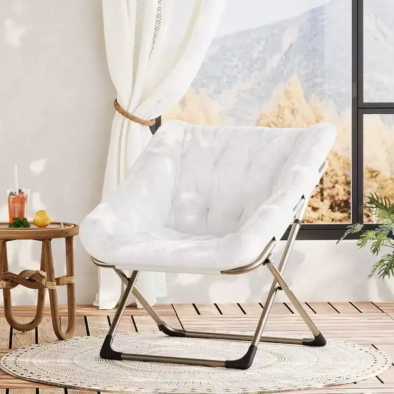 COZONY Fauteuil Rond Pliant en Fourrure de Lapin avec Cadre Métallique, Capacité de 136 kg pour Chambre, Dortoir, Salon