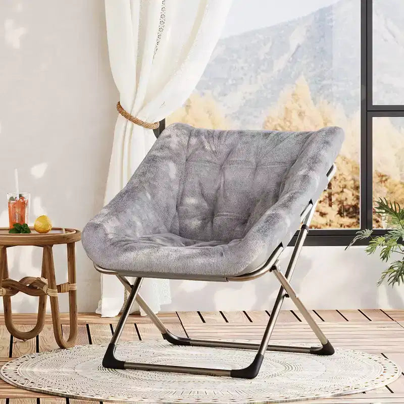 COZONY Fauteuil Rond Pliant en Fourrure de Lapin avec Cadre Métallique, Capacité de 136 kg pour Chambre, Dortoir, Salon