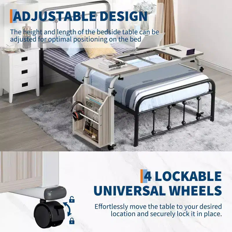 Table de lit réglable avec roulettes - Support pour ordinateur portable inclinable pour la maison/l'hôpital/le bureau (hauteur 61-89 cm, capacité 159 kg, 1 pièce)