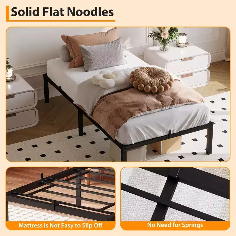Cadre de lit sans tête de lit, cadre de lit plateforme en métal avec 32,5 cm d'espace de rangement sous le lit, support à lattes métalliques, aucun sommier tapissier requis