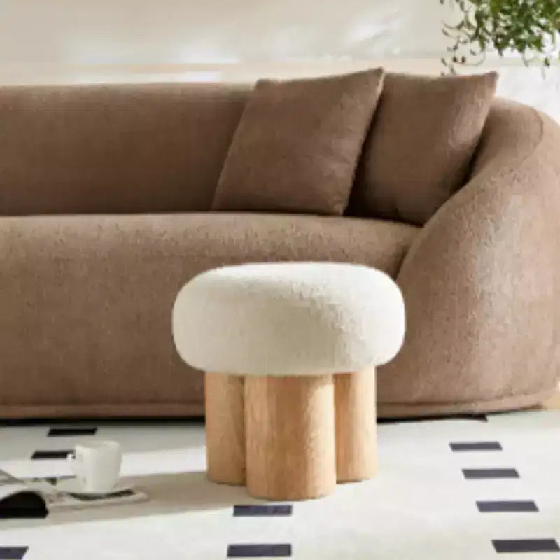 Pouffe ottoman plissé champignon, revêtement en laine d'agneau, base en placage de noyer, banc de chambre marron