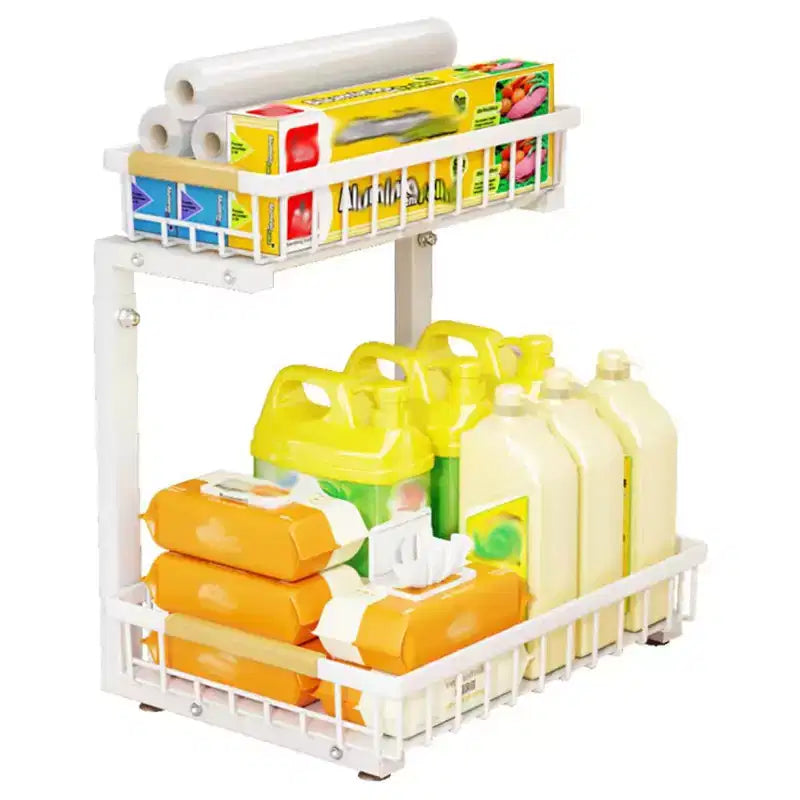 Under Sink Organizer 2-Tier Pull Out Cabinet Storage with Smooth Slides - Rust-Resistant Carbon Steel ,Height Adjustable for Kitchen, Bathroom