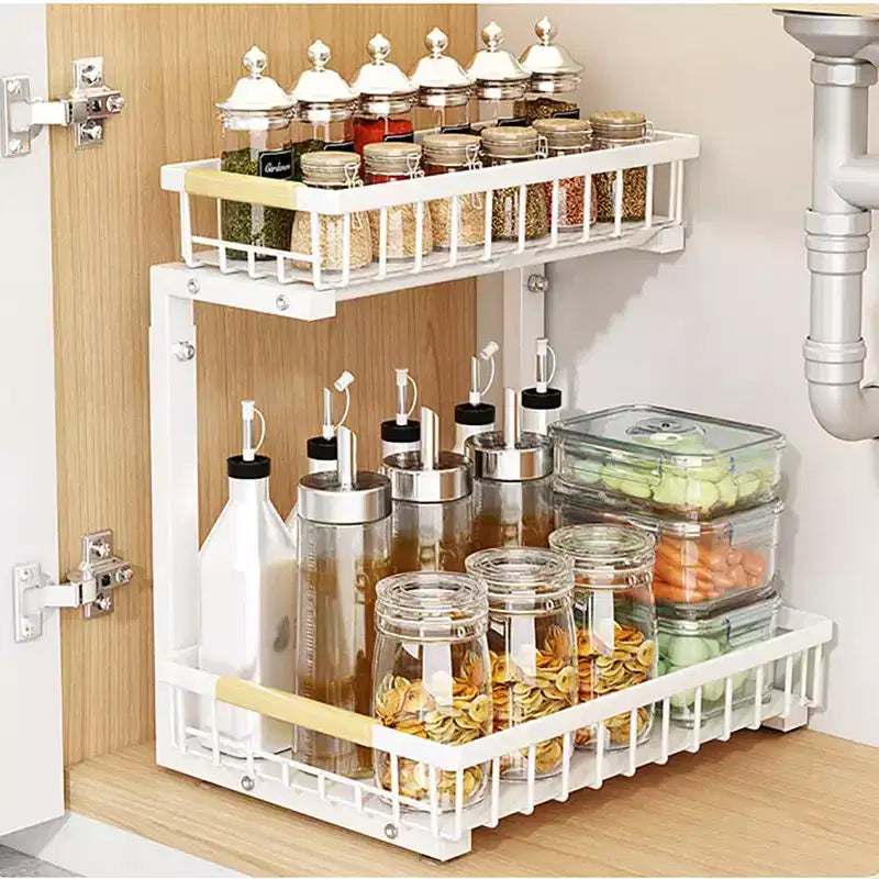 Organisateur sous évier 2 niveaux, rangement coulissant avec glissières fluides - Acier au carbone résistant à la rouille, hauteur réglable pour cuisine, salle de bain