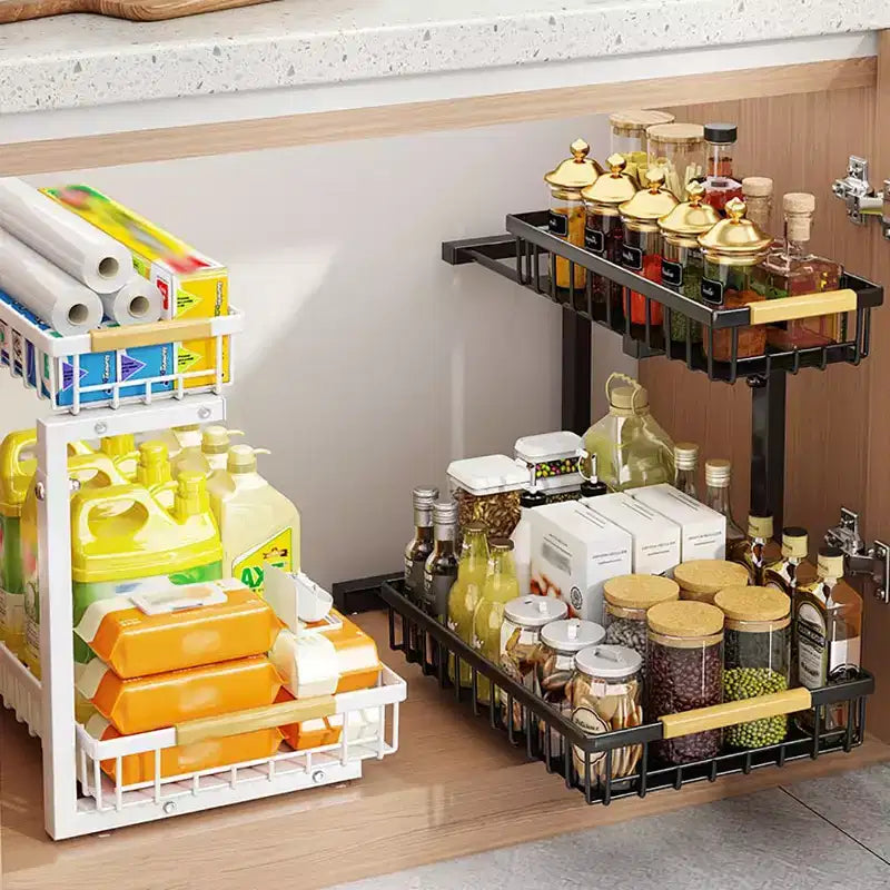 Organisateur sous évier 2 niveaux, rangement coulissant avec glissières fluides - Acier au carbone résistant à la rouille, hauteur réglable pour cuisine, salle de bain