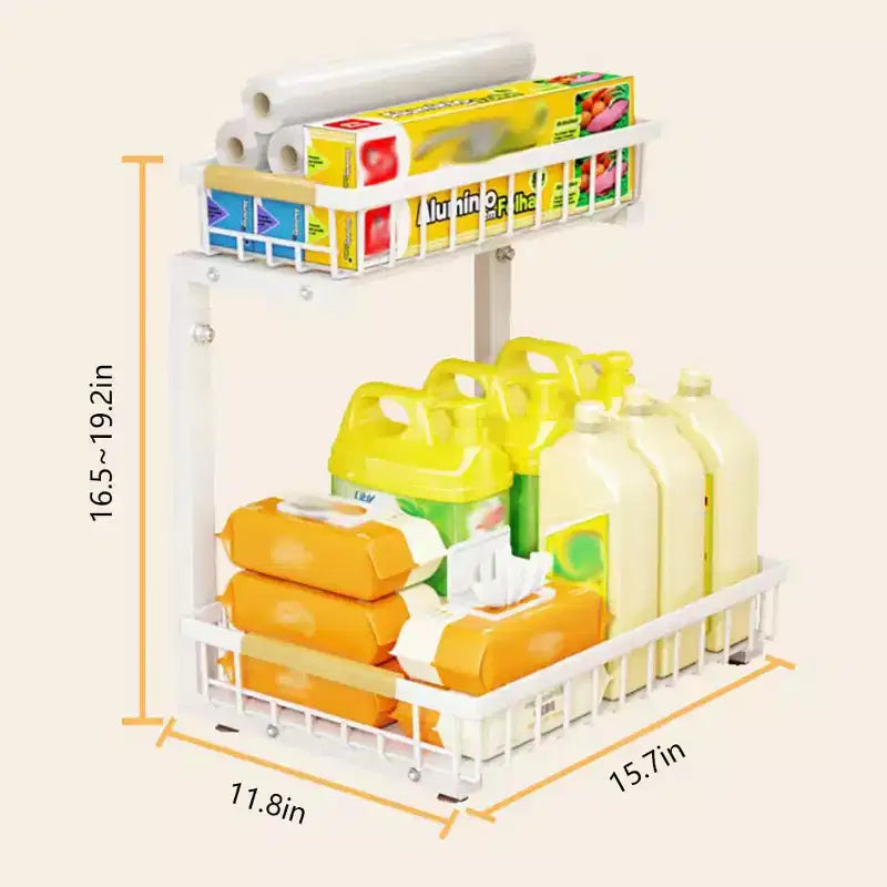 Organisateur sous évier 2 niveaux, rangement coulissant avec glissières fluides - Acier au carbone résistant à la rouille, hauteur réglable pour cuisine, salle de bain