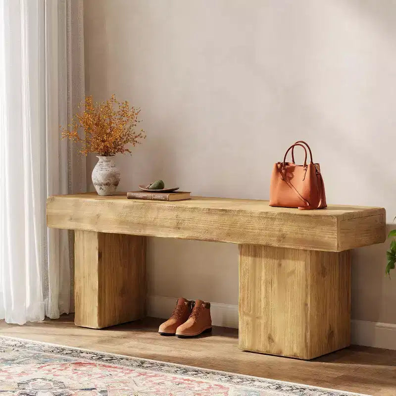 Banc Lantine 47 en bois massif, banc d'entrée avec pieds artistiques, banc de salle à manger robuste pour cuisine, salon, couloir, bout de lit