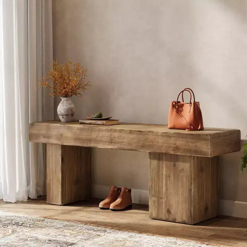 Banc Lantine 47 en bois massif, banc d'entrée avec pieds artistiques, banc de salle à manger robuste pour cuisine, salon, couloir, bout de lit