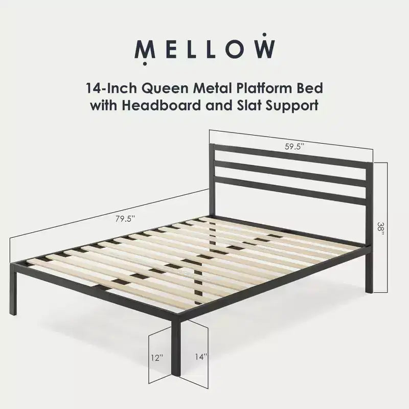 Lit plateforme en métal Mellow 14 pouces avec tête de lit et sommier à lattes, Grand, Noir