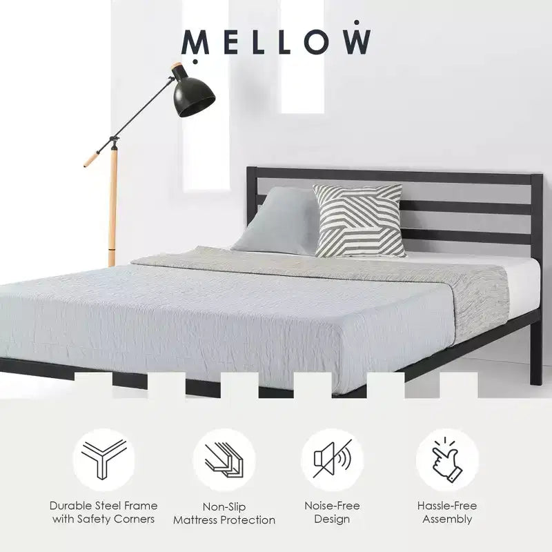 Lit plateforme en métal Mellow 14 pouces avec tête de lit et sommier à lattes, Grand, Noir
