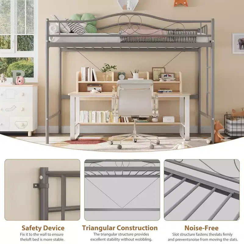 Lit mezzanine double robuste, cadre en métal de 181 kg avec échelle et barrière de sécurité, design peu encombrant, sommier tapissier non requis, silencieux, montage facile