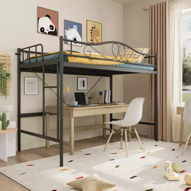 Lit mezzanine double robuste, cadre en métal de 181 kg avec échelle et barrière de sécurité, design peu encombrant, sommier tapissier non requis, silencieux, montage facile
