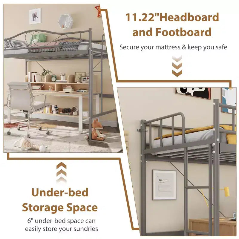 Lit mezzanine double robuste, cadre en métal de 181 kg avec échelle et barrière de sécurité, design peu encombrant, sommier tapissier non requis, silencieux, montage facile