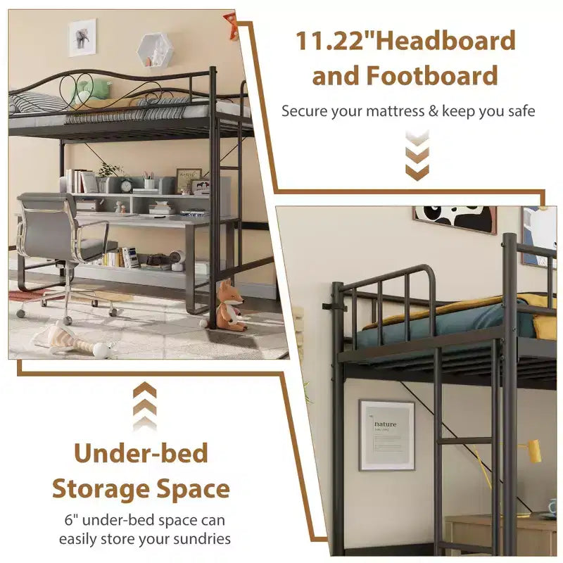 Lit mezzanine double robuste, cadre en métal de 181 kg avec échelle et barrière de sécurité, design peu encombrant, sommier tapissier non requis, silencieux, montage facile