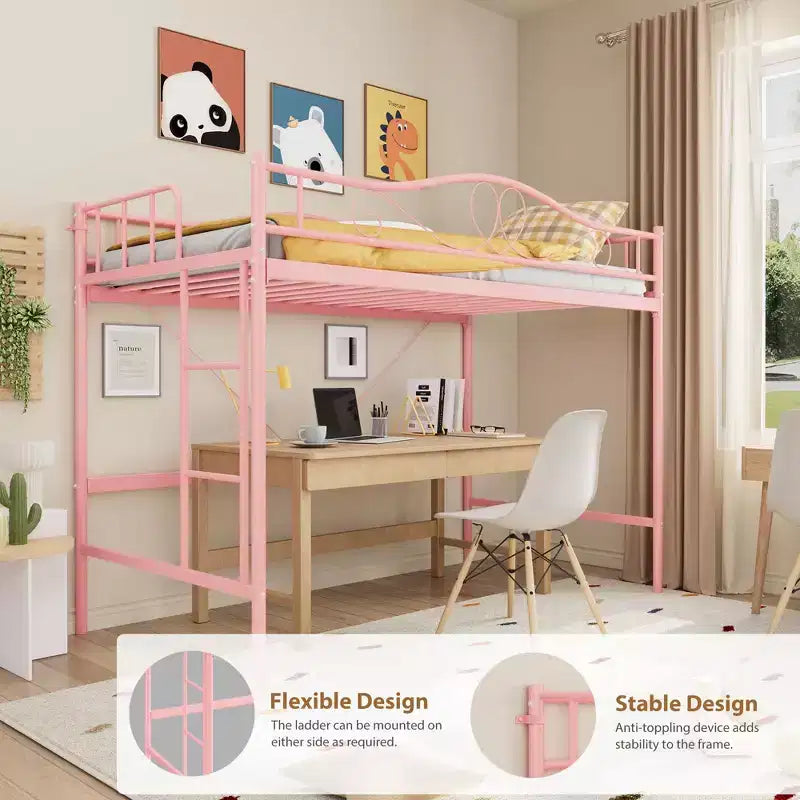 Lit mezzanine double robuste, cadre en métal de 181 kg avec échelle et barrière de sécurité, design peu encombrant, sommier tapissier non requis, silencieux, montage facile