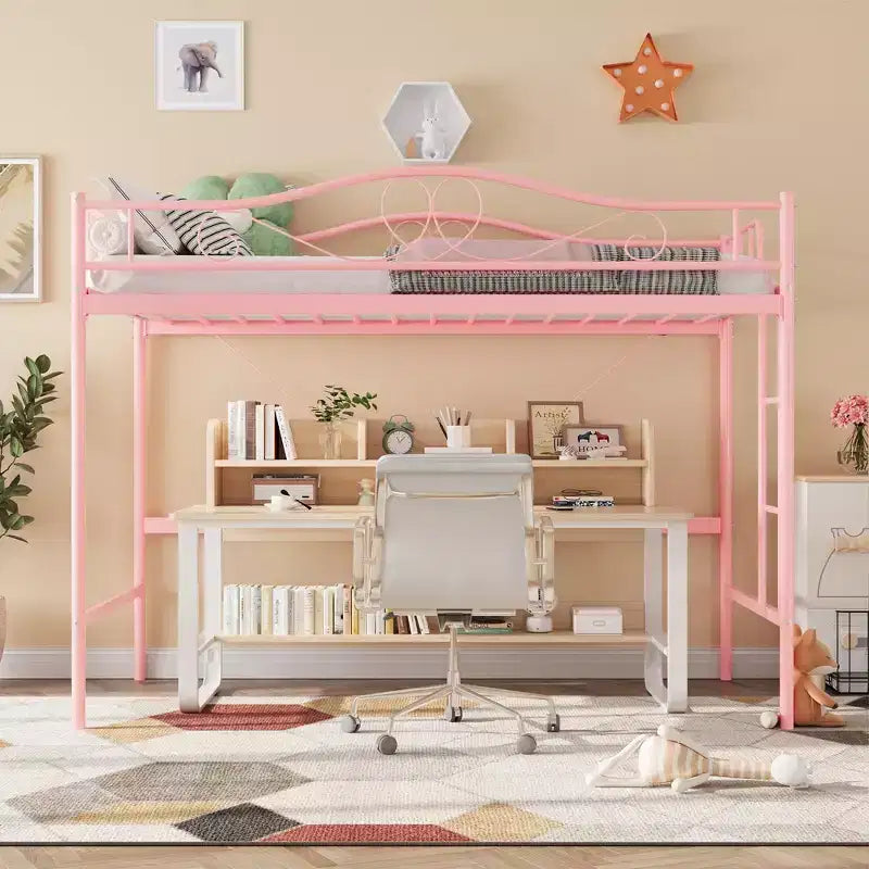 Lit mezzanine double robuste, cadre en métal de 181 kg avec échelle et barrière de sécurité, design peu encombrant, sommier tapissier non requis, silencieux, montage facile