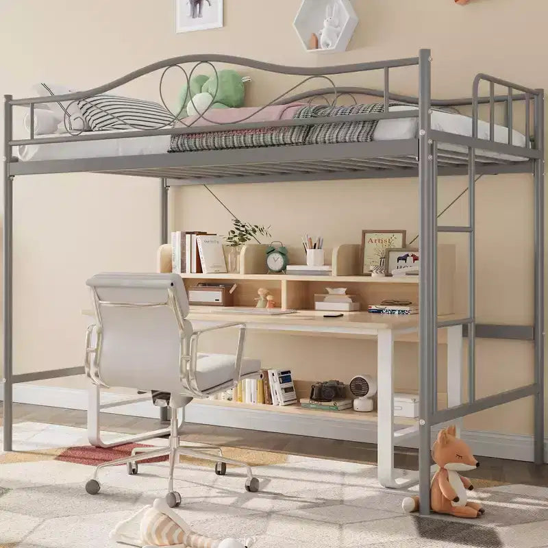 Lit mezzanine double robuste, cadre en métal de 181 kg avec échelle et barrière de sécurité, design peu encombrant, sommier tapissier non requis, silencieux, montage facile