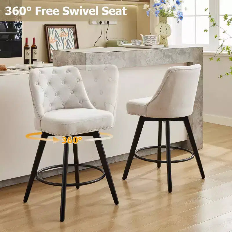 Lot de 2 tabourets de bar modernes pivotants, Chaises de bar de hauteur comptoir de 66 cm avec dossier et pieds en bois, Tabourets de bar rembourrés pour cuisine, salle à manger