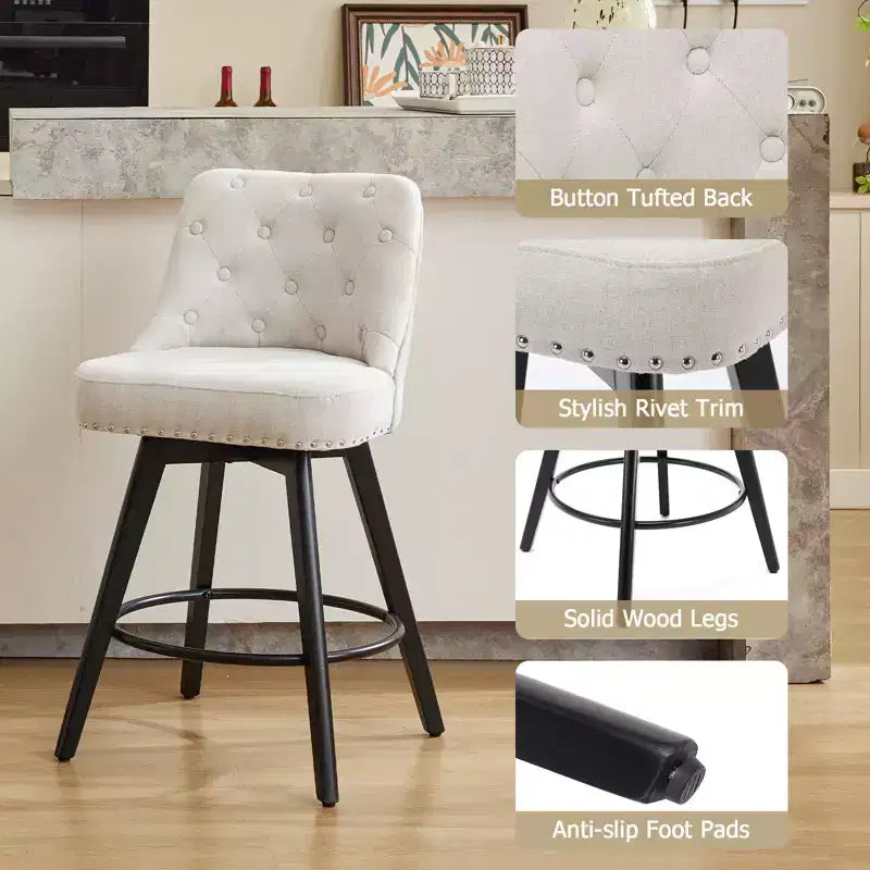 Lot de 2 tabourets de bar modernes pivotants, Chaises de bar de hauteur comptoir de 66 cm avec dossier et pieds en bois, Tabourets de bar rembourrés pour cuisine, salle à manger