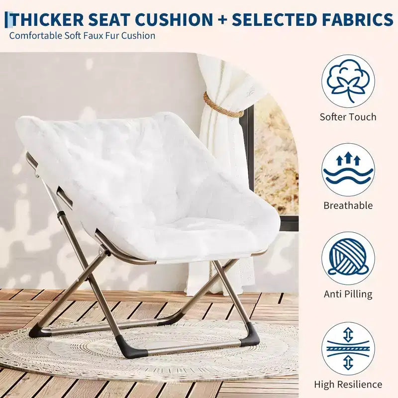 Chaise soucoupe pliante pour adultes, fauteuil de salon confortable avec coussin en fausse fourrure douce, aucun assemblage requis, meuble d'appoint pliant